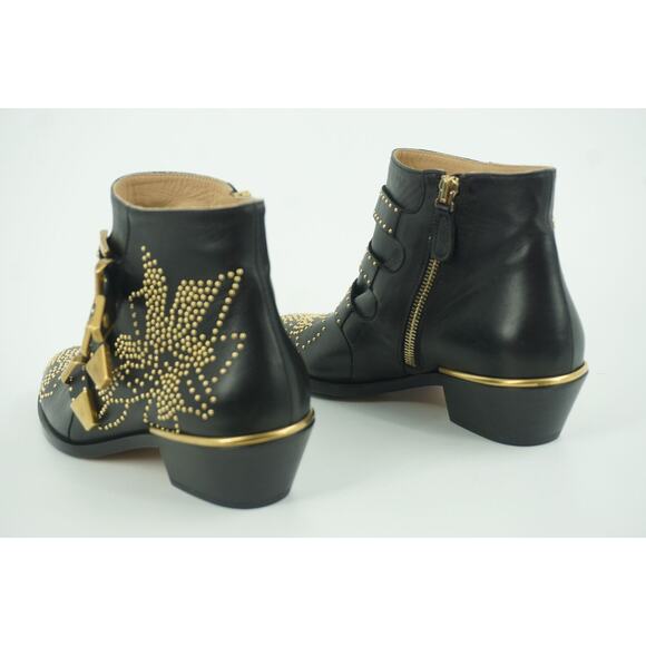 Chloe Suzanna Black Leather copper Studded Ankle Boot Size 35 $1380 Belted - Picture 4 of 11
